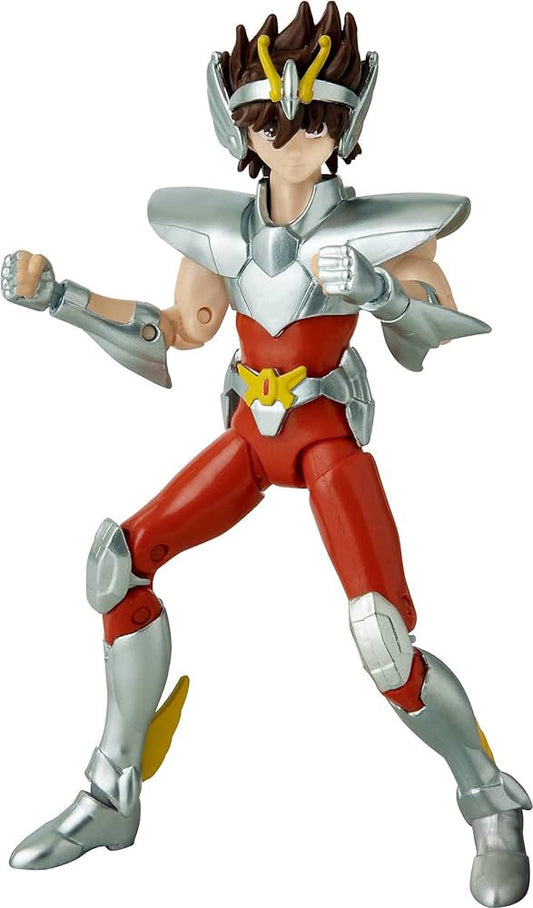 The Bandai Namco Anime Heroes Saint Seiya Pegasus Seiya action figure features Seiya in red pants, silver armor with gold-accented helmet, boots, and shoulder pads, posed dynamically—a must-have for collectors.