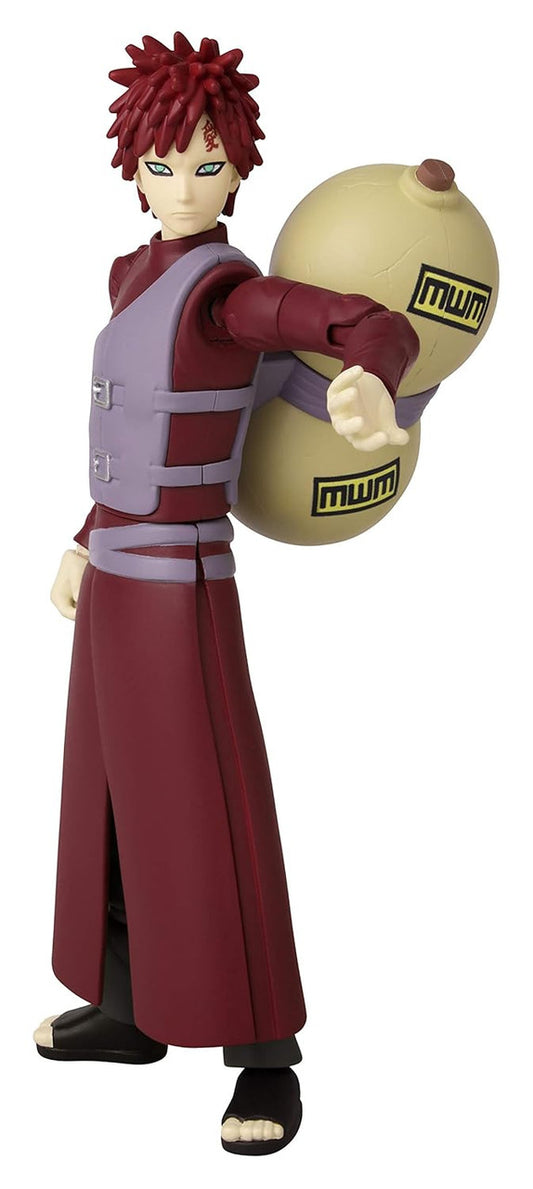 Bandai Anime Heroes Gaara Naruto action figure by Bandai Namco features Gaara with red spiky hair, maroon and lavender outfit, and a large gourd on his back—ideal for Naruto collectors.