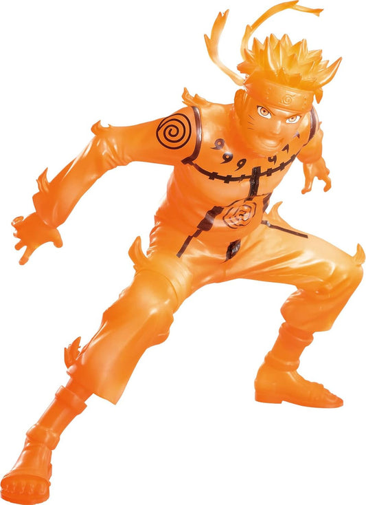 The Banpresto Naruto Shippuden Uzumaki Naruto Vibration Stars by Bandai Namco is an orange translucent action figure of Naruto in Kurama chakra mode, perfect for collectors and fans of the iconic series.