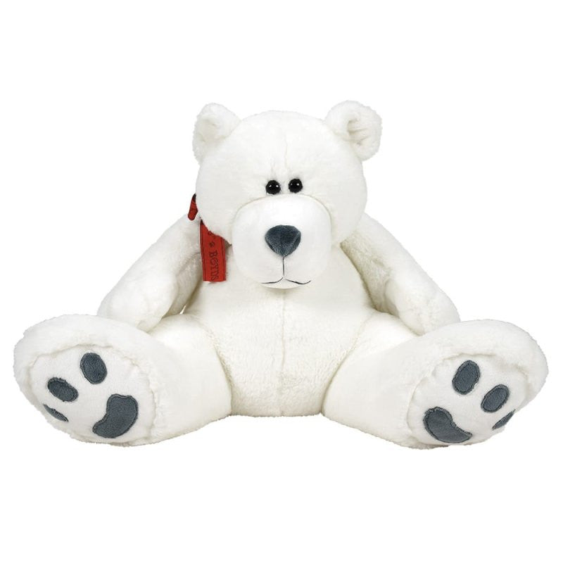 The Bubba Pearl Bear 16 Inch Plush Soft Toy by Boyds Bears features soft white fur, black eyes, a black nose, and black paw prints on its feet—an adorable collectible for any Boyds Bears fan.