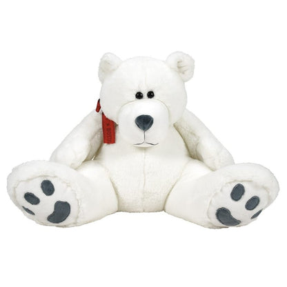 The Bubba Pearl Bear 16 Inch Plush Soft Toy by Boyds Bears features soft white fur, black eyes, a black nose, and black paw prints on its feet—an adorable collectible for any Boyds Bears fan.