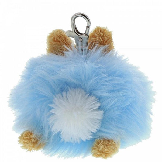 The Beatrix Potter Peter Rabbit Pom Pom Keyring Bag Clip by Beatrix Potter features fluffy light blue fur, tan paws and ears, a white tail, and a silver clasp for easy attachment to bags. It’s designed to resemble Peter Rabbit’s back.