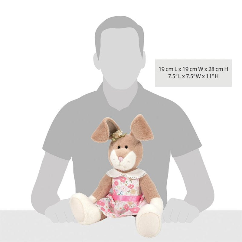 The Honey Hopplebuns 14 Inch Plush Soft Toy by Boyds Bears features a stuffed bunny in a pink floral dress with flower headband, perfect for the 45th anniversary collection. Size: 19 x 19 x 28 cm (7.5 x 7.5 x 11 in).