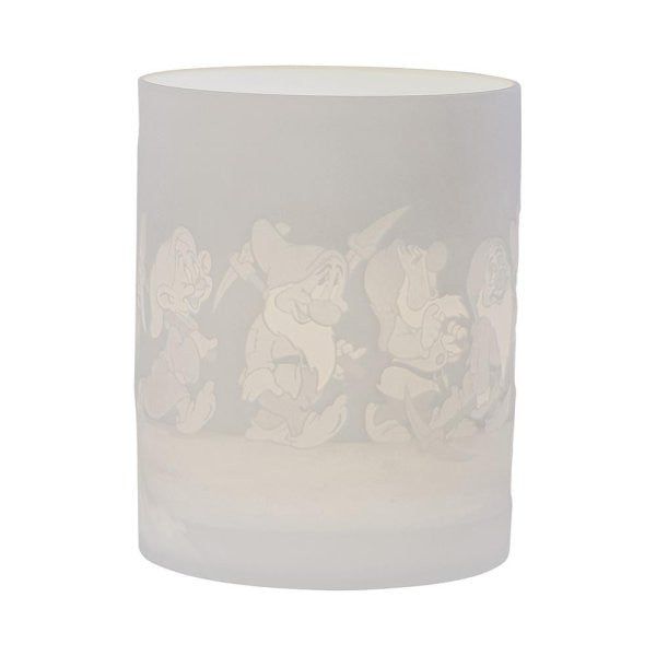 Disney Enchanting Collection Diamond Shine (The Seven Dwarfs) Ceramic Lithophane Lamp A31088 features etched illustrations of the Seven Dwarfs walking in a line on a frosted cylindrical holder.