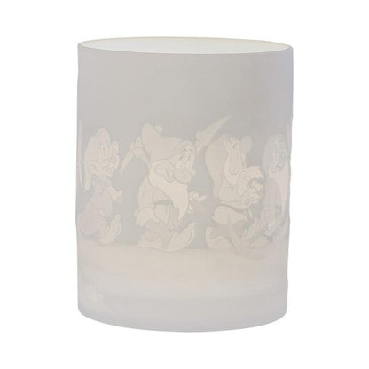 Disney Enchanting Collection Diamond Shine (The Seven Dwarfs) Ceramic Lithophane Lamp A31088 features etched illustrations of the Seven Dwarfs walking in a line on a frosted cylindrical holder.