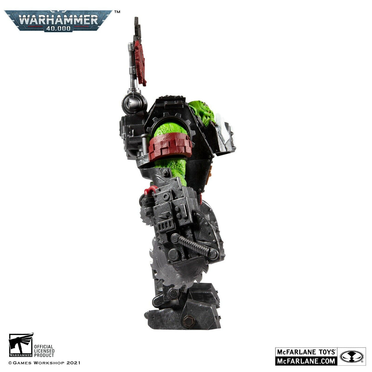 The Warhammer 40,000 Ork Meganob with Buzzsaw figure by McFarlane Toys stands upright with green skin, black and red armor, mechanical details, and a red buzzsaw weapon. Warhammer 40K and McFarlane Toys logos are visible.