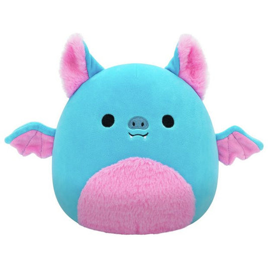 Squishmallows 7.5 Boyle the Blue Fruit Bat is a plush toy with blue fur, pink belly, wings, and ears, plus black eyes and a smile. Made from ultrasoft materials by Squishmallows. Shown on a plain white background.