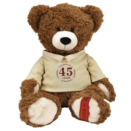 The Chubs Beanster Bear 12 Inch Plush Soft Toy by Boyds Bears features brown fur, a beige hoodie with Celebrating 45 years, brown paw text, and sits upright facing forward. This collectible is from the anniversary collection.