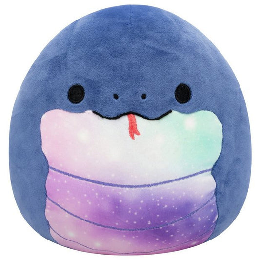 The Squishmallows 7.5 Herman The Navy Blue Snake is a plush toy by Squishmallows, featuring ultrasoft materials, a blue body, black eyes, red tongue, and a pastel-gradient belly in purple, pink, and mint green with white speckles.