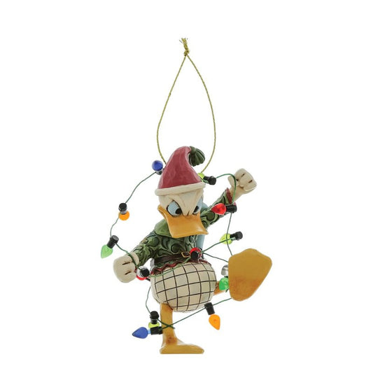 The Disney Traditions Donald Duck Wrapped In Lights Hanging Ornament by Jim Shore (6017548) features Donald in a Santa hat tangled in holiday lights, with a gold string for hanging.
