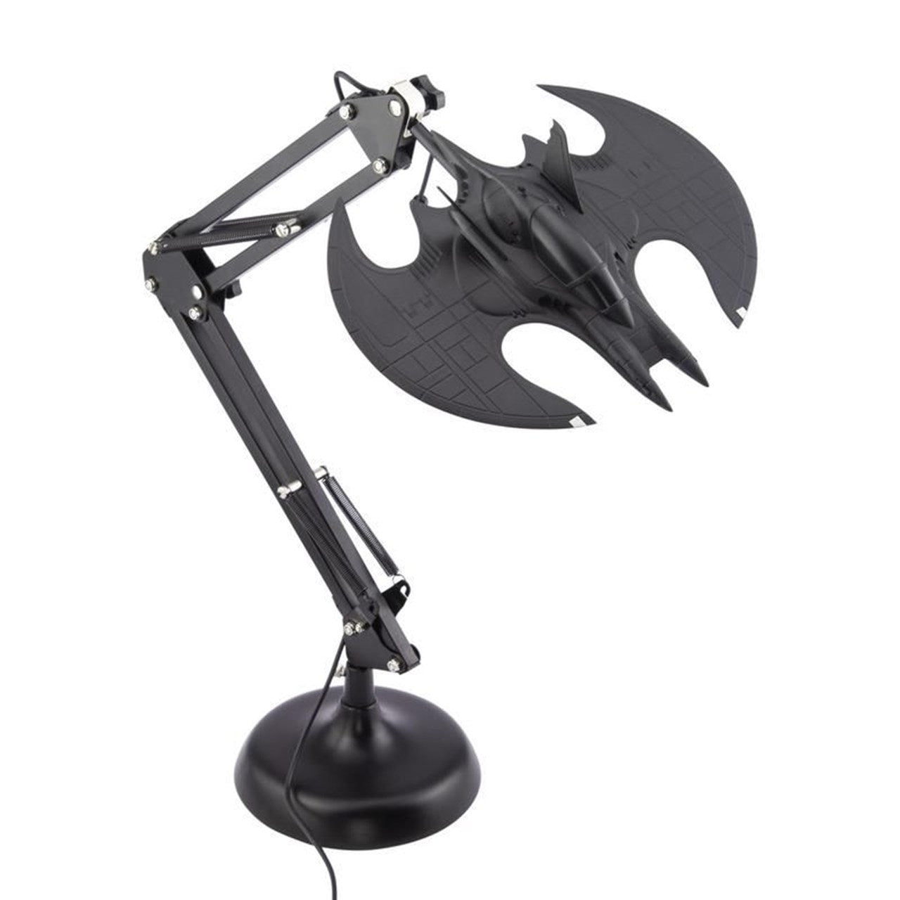 Illuminate your space with the Batman Batwing Posable Desk Light V2 by Paladone, featuring a flexible arm and a Batmobile-inspired lampshade atop a round base—perfect for any Batman fan’s home or office décor.