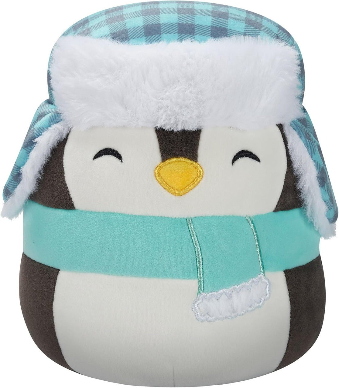 Squishmallows Luna the Black Penguin is a collectible plush by Squishmallows, featuring a teal scarf and a blue plaid winter hat with white fur trim, smiling sweetly with closed eyes.