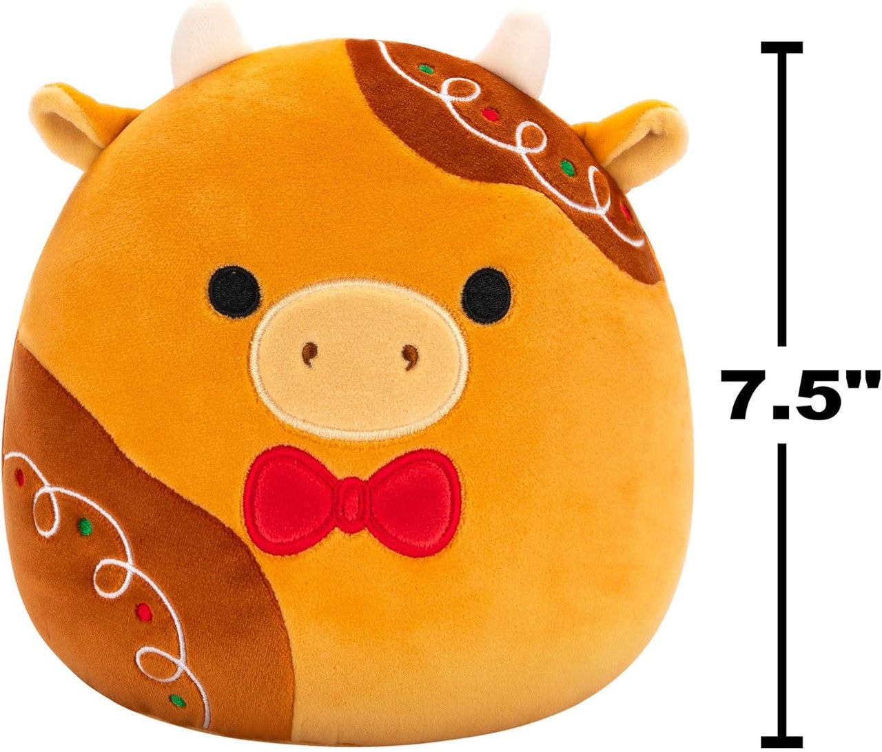 The Squishmallows Jericho the Gingerbread Cow is a 7.5-inch plush toy featuring a cute orange and brown cow design with a red bow tie, small horns, and icing-like details.