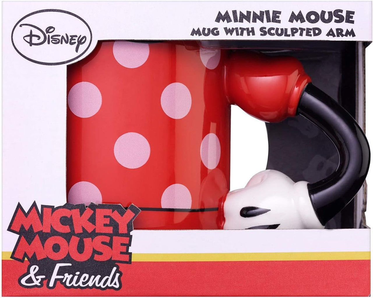 A red Disney Minnie Mouse Mug With 3D Arm by EXG, featuring white polka dots and a sculpted handle shaped like her gloved arm, comes in packaging labeled with the product’s name and is officially licensed.