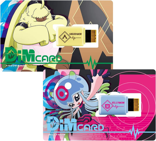 Bandai Namco’s Digimon Angoramon and Jellymon DIM Card Expansions for the Vital Bracelet include two USB DIM cards with health icons, featuring Angoramon and Jellymon with vibrant backgrounds.
