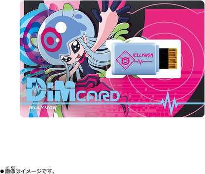 A vibrant card featuring a cartoon jellyfish (Jellymon) and USB device from Bandai Namco’s Digimon Angoramon & Jellymon DIM Cards Expansion for the Digimon Vital Bracelet, with pink, blue, and black abstract patterns—ideal for collectors.