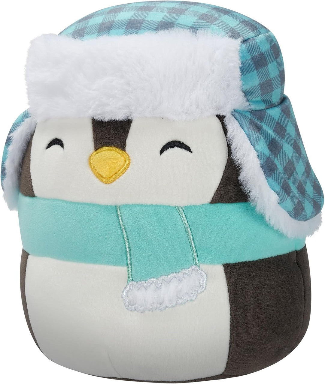 Squishmallows Luna the Black Penguin is a plush collectible toy featuring a blue and white scarf and a blue plaid winter hat with white faux fur trim—perfect for Squishmallows fans.
