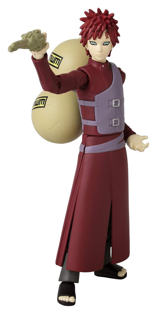 Bandai Anime Heroes Gaara Naruto action figure by Bandai Namco features Gaara with short red hair, maroon outfit, gray vest, black sandals, sand in hand, and large gourd—perfect for Naruto figure collectors.