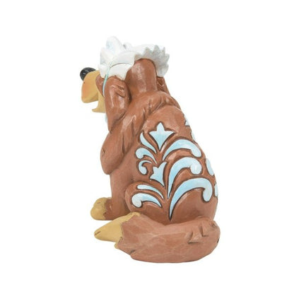 The Disney Traditions Nana Mini Figurine 6014333 by Disney Traditions features brown coloring, white and light blue patterns on its back, a bushy tail, and white tufts on its head as it sits facing away.