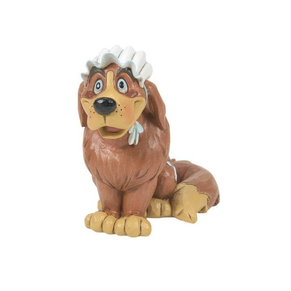 The Disney Traditions Nana Mini Figurine 6014333 features a cartoonish brown dog with a white frilled bonnet and surprised expression—an ideal addition to any Disney Traditions collection.