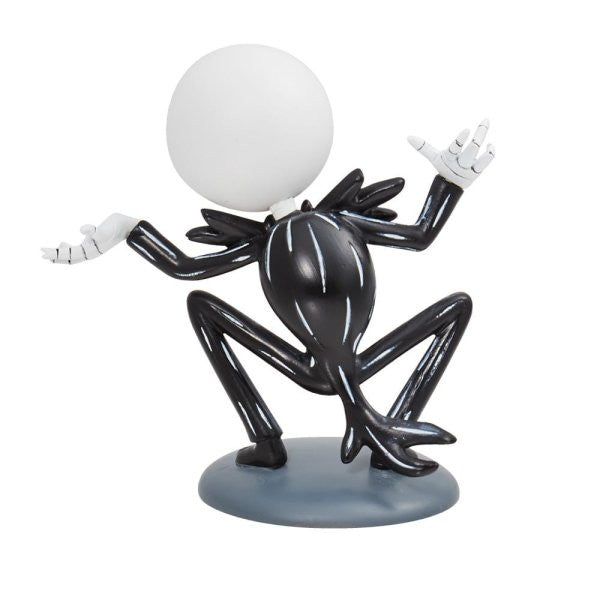 The Grand Jester Studios Disney Jack Skellington Mini Figurine 6010567 features a crouched Jack with a round white head, black body, claw-like hands, white pinstripes, and exaggerated limbs on a gray base. Inspired by Nightmare Before Christmas.