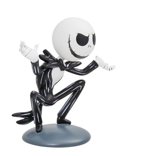 The Grand Jester Studios Disney Jack Skellington Mini Figurine (6010567) shows Jack from The Nightmare Before Christmas in his black pinstripe suit and bow tie, crouched on a gray base with arms extended and a mischievous grin.