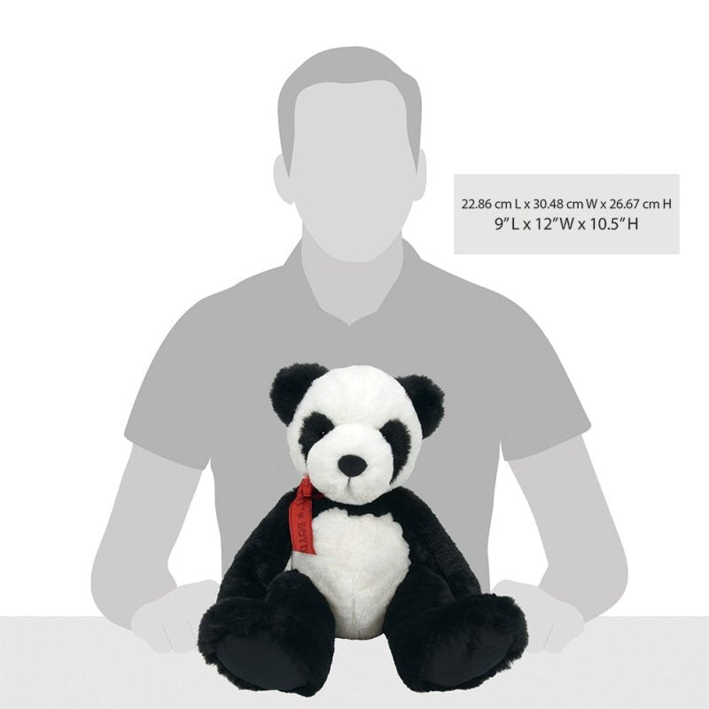 The Boyds Bears Panda P. Giggles Bear 15 Inch Plush Soft Toy (6017143) is shown in black and white before a gray silhouette for size, measuring 9L x 12W x 10.5H (22.86 x 30.48 x 26.67 cm).