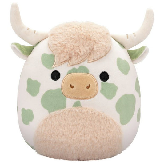 The Squishmallows 7.5 Celestino The Sage Green Spotted Highland Cow is an ultrasoft, huggable plush toy featuring green spots, cream horns, small ears, black eyes, a beige snout, and tan fluffy hair for extra cuddly comfort.