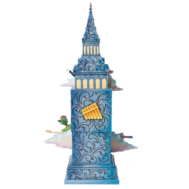 Disney Traditions Peter Pan’s Clock Figurine by Jim Shore 6015025 features a blue decorative Big Ben with ornate designs, golden window, and Peter Pan and Wendy flying among clouds—a magical Disney Traditions collectible.