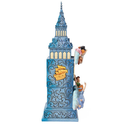 The Disney Traditions Peter Pan’s Clock Figurine by Jim Shore (6015025) features ornate blue patterns, a golden ship emblem, and figures of Peter Pan, Wendy, John, and Michael flying—capturing the magic of Disney Traditions.