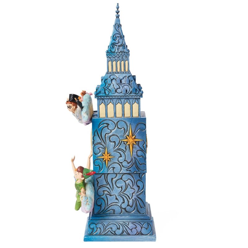 Disney Traditions Peter Pan’s Clock Figurine by Jim Shore (6015025) features a decorative blue tower with ornate patterns, gold stars, and figurines of Peter Pan and Wendy flying beside it.