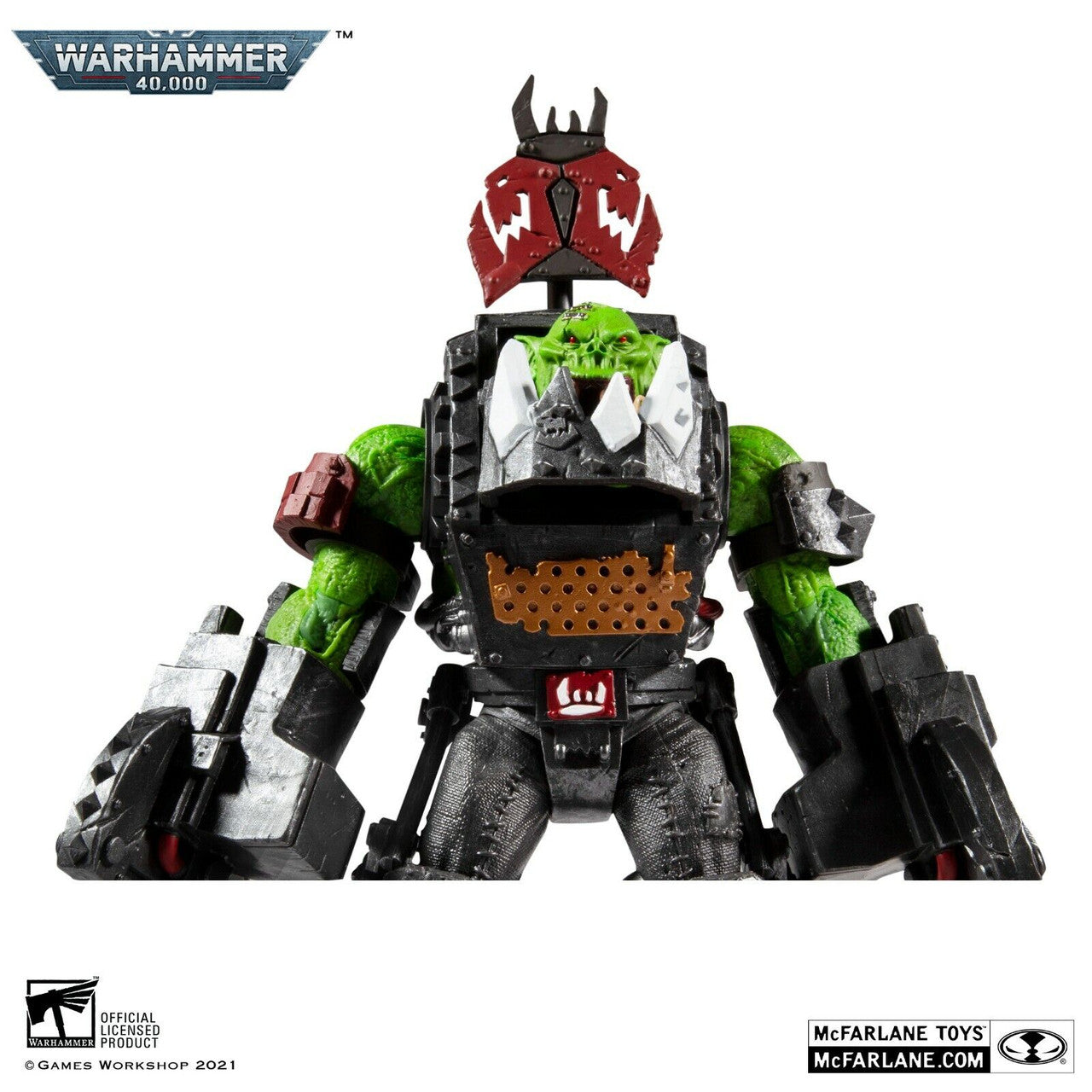 The image shows a Warhammer 40,000 Ork Meganob with Buzzsaw action figure by McFarlane Toys, featuring green skin, black and red armor with metal accents, and a red mask. Warhammer 40,000 and McFarlane Toys logos are also visible.