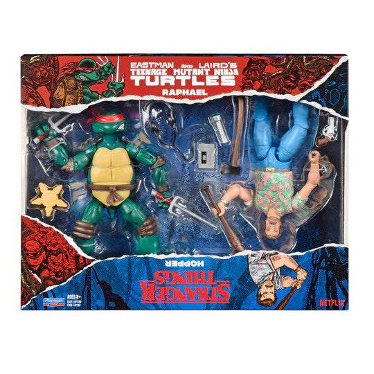 Bandai Namco’s Teenage Mutant Ninja Turtles X Stranger Things Raphael VS Hopper boxed set includes both figures with weapons, sheriff’s hat, and accessories—ideal for collectors and fans of Ninja Turtles toys.