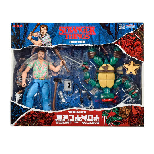 Bandai Namco’s Teenage Mutant Ninja Turtles X Stranger Things Raphael VS Hopper set includes figures of Hopper and Raphael with weapons, a star badge, and themed artwork in a collector’s box.