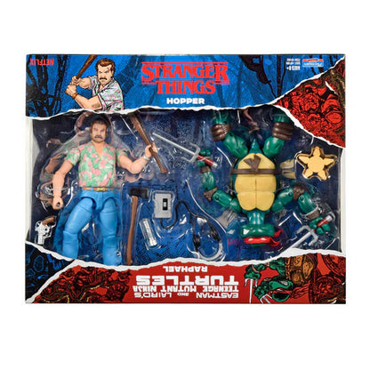 Bandai Namco’s Teenage Mutant Ninja Turtles X Stranger Things Raphael VS Hopper set includes figures of Hopper and Raphael with weapons, a star badge, and themed artwork in a collector’s box.