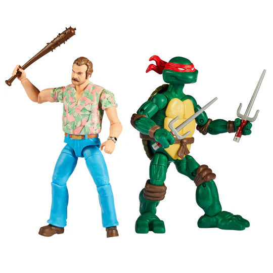 Bandai Namco’s Teenage Mutant Ninja Turtles X Stranger Things Raphael VS Hopper action figure set features Raphael with his red mask and sais alongside Hopper in a floral shirt holding a spiked club, perfect for collectors and fans.
