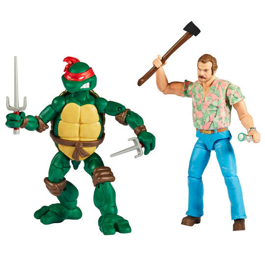 Bandai Namcos Teenage Mutant Ninja Turtles X Stranger Things Raphael VS Hopper set features a red-masked Raphael with metal sai and Hopper in a floral shirt, blue pants, and wielding an axe—ideal for Stranger Things fans.