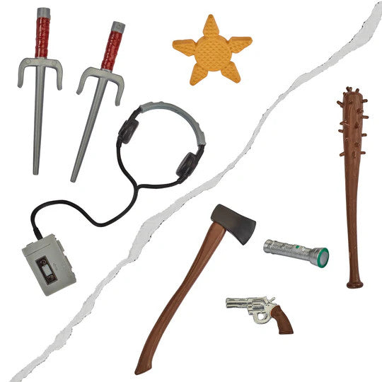 Bandai Namcos Teenage Mutant Ninja Turtles X Stranger Things Raphael VS Hopper set features toy weapons and accessories from both universes, displayed on a white background.