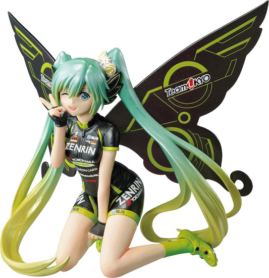 The Banpresto Hatsune Miku Racing Miku 2017 Team Ukyo Cheering Version Statue by Bandai Namco features Miku with twin tails and butterfly wings in a black and green cycling outfit, kneeling and winking with her hand by her face.