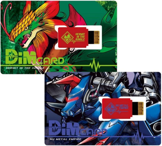 The Bandai Namco Digimon Hermit In The Jungle and Nu Metal Empire DIM Card Expansions for the Vital Bracelet feature fantasy art of a leaf-maned lion digimon and a blue robotic dragon, with gold chip contacts and bold labels.