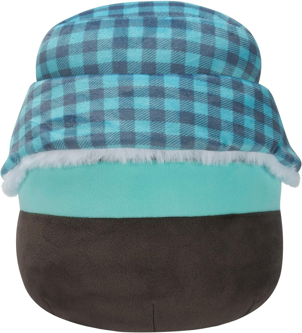 Squishmallows Luna the Black Penguin is a collectible plush toy from Squishmallows, featuring a brown base, light blue middle, and a top layer with a blue and black checkered pattern accented by white trim.