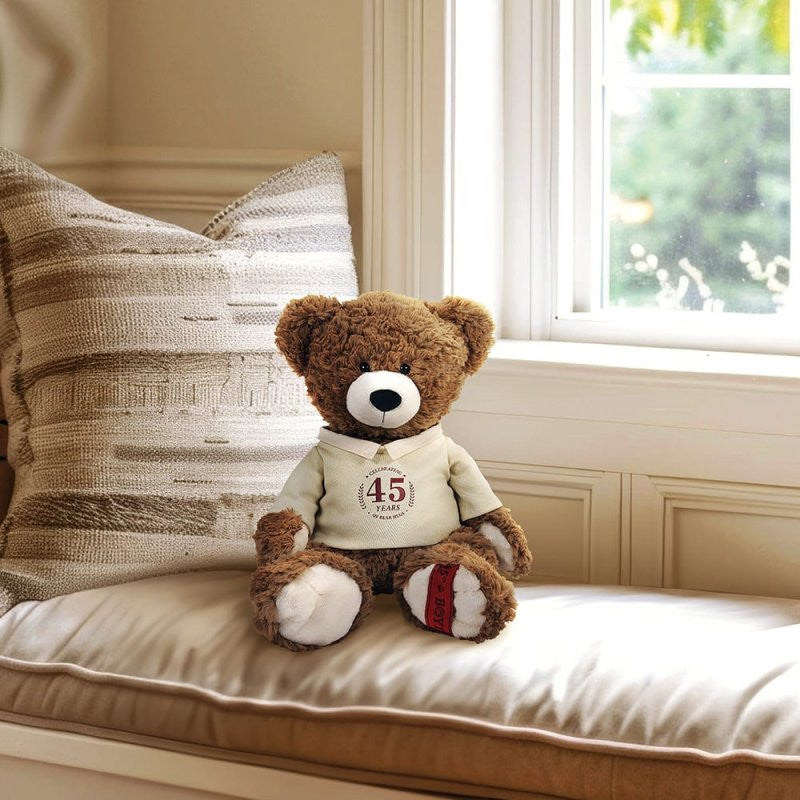 The Boyds Bears Chubs Beanster Bear 12 Inch Plush (6017139) wears a white 45 YEARS shirt, sitting on a cushioned window seat beside a beige pillow, with greenery visible outside.