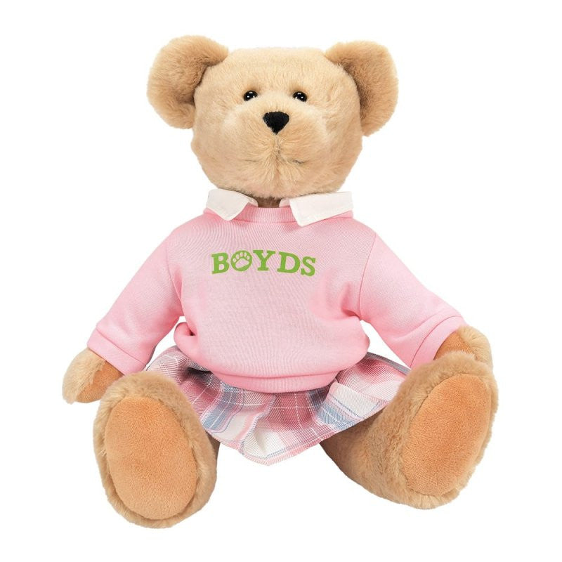 The 14-inch Emma Boydsley Bear plush soft toy by Boyds Bears (6017146) wears a pink sweater with BOYDS in green and a plaid skirt, sitting upright against a white background.