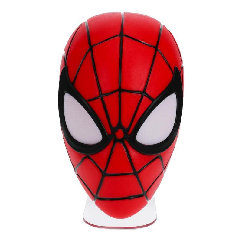 The Spiderman Mask Light by Paladone features red coloring, black web patterns, and large white eyes outlined in black. Displayed upright against a plain white background, its a must-have for Marvel fans.