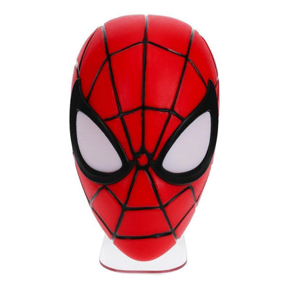 The Spiderman Mask Light by Paladone features red coloring, black web patterns, and large white eyes outlined in black. Displayed upright against a plain white background, its a must-have for Marvel fans.