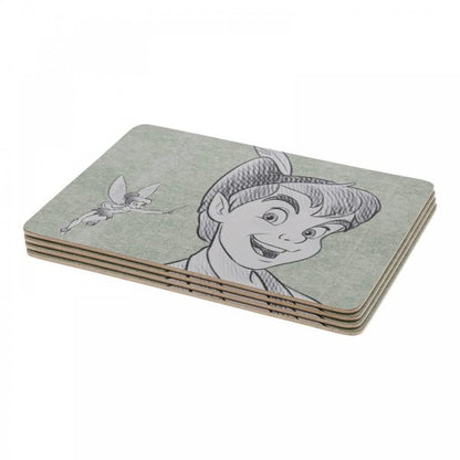 The Disney Home Never Grow Up Peter Pan Placemats set of 4 (A31830) features sketch-style Peter Pan and Tinker Bell on light gray, adding heat-resistant charm and practicality to your table.