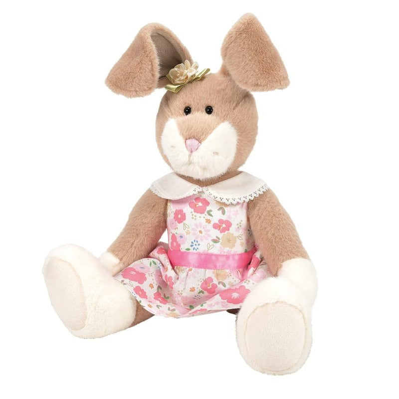 Honey Hopplebuns 14 Inch Plush Soft Toy by Boyds Bears features light brown and white fur, a floral pink dress with white collar and ribbon, and a fabric flower on one ear. Perfect addition to the Boyds Bears 45th anniversary collection.