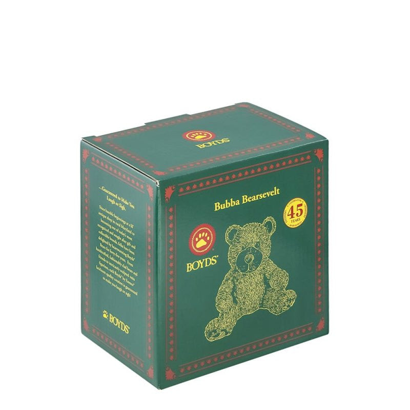 A green box with red trim features a bear illustration and “Bubba Bearsevelt, Boyds Bears, 45 years,” celebrating the Boyds Bears 45th anniversary collection. Includes the Bubba Bearsevelt Figurine By Boyds Bears 6016928.