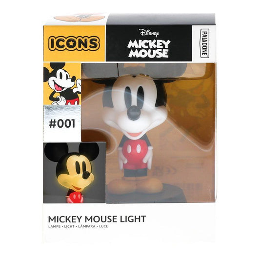 The Disney Mickey Mouse Icon Light by Paladone comes boxed with classic Mickey imagery, the Disney logo, product #001, and a glowing product photo—all featuring Paladone branding.
