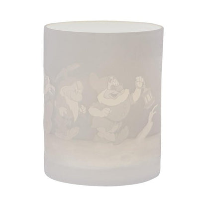 The Disney Enchanting Collection Diamond Shine (The Seven Dwarfs) Ceramic Lithophane Lamp A31088 features engraved illustrations of the Seven Dwarfs marching in a line, bringing classic charm to your decor.